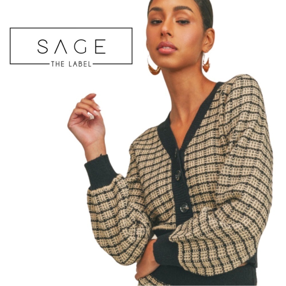 SAGE THE LABEL NWT Cropped Tweed Cardigan in Black, Tan & Gold Metallic - Size M